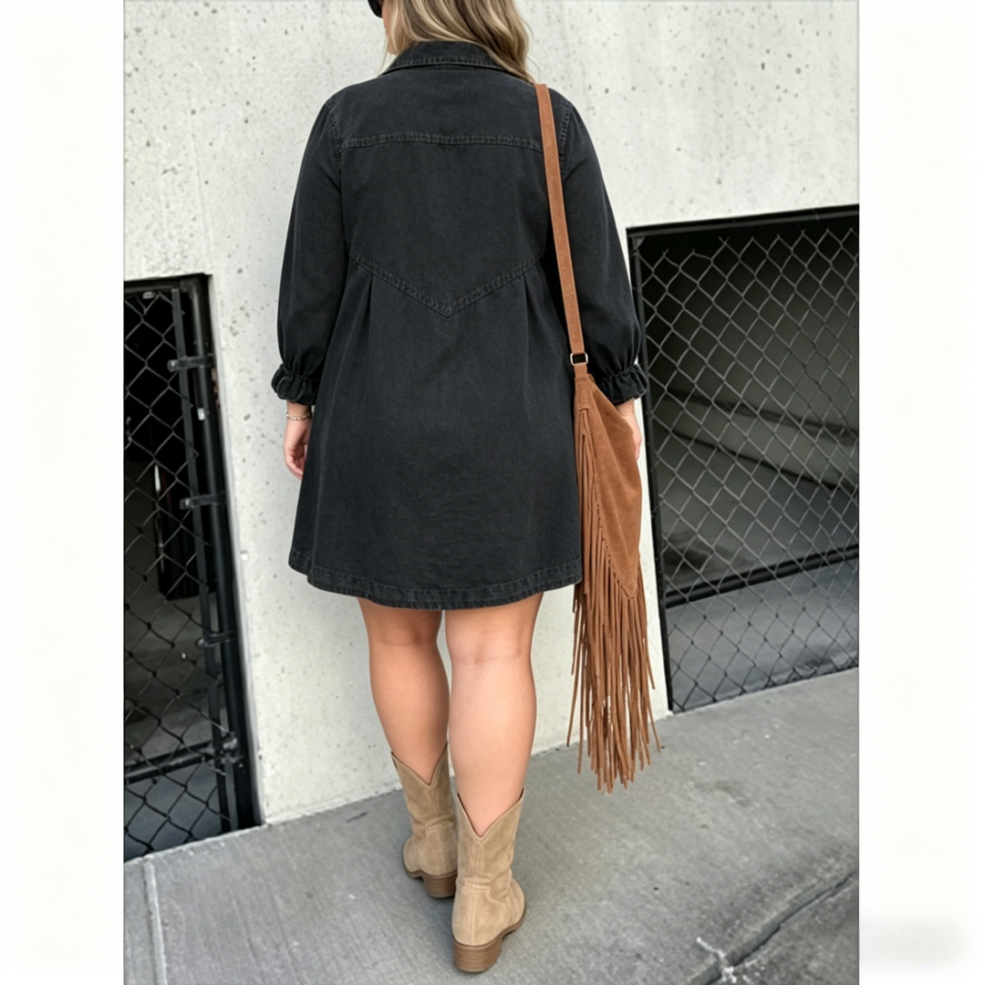 Plus Size Black Denim Mini Dress（S-3XL） – Loose Fit Button Down Casual Dress