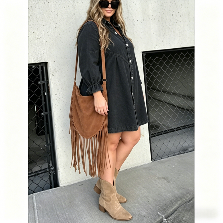 Plus Size Black Denim Mini Dress（S-3XL） – Loose Fit Button Down Casual Dress