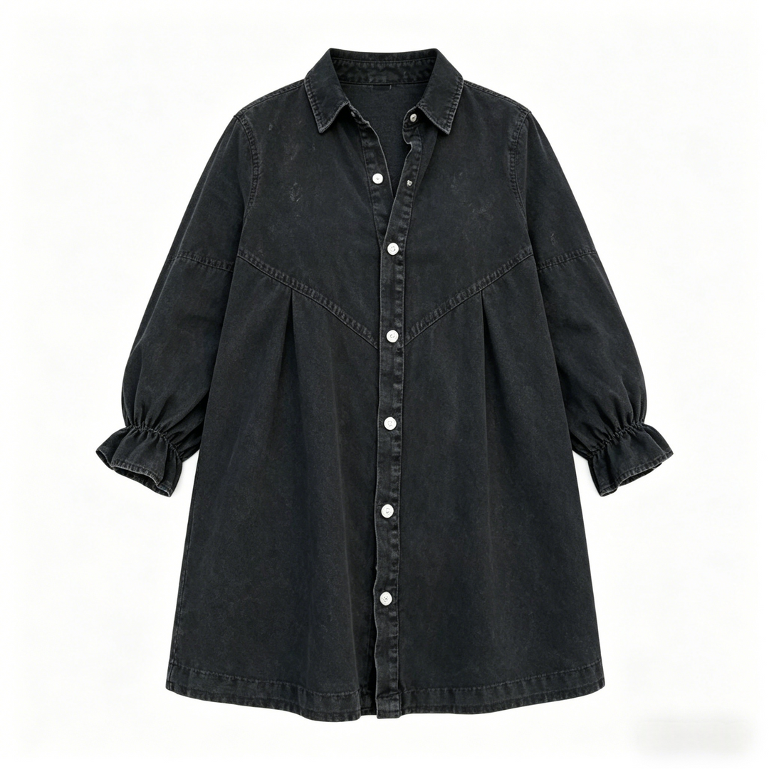 Plus Size Black Denim Mini Dress（S-3XL） – Loose Fit Button Down Casual Dress