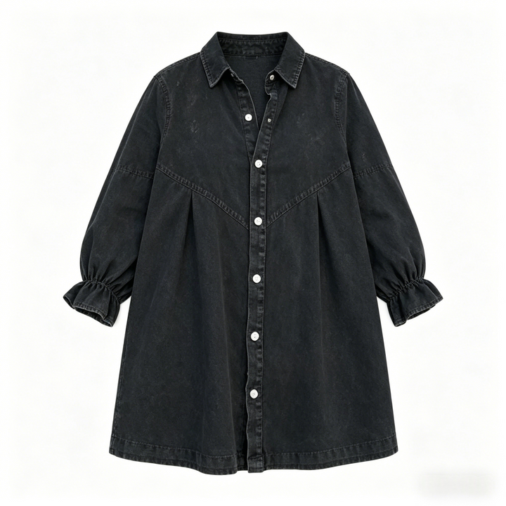 Plus Size Black Denim Mini Dress（S-3XL） – Loose Fit Button Down Casual Dress