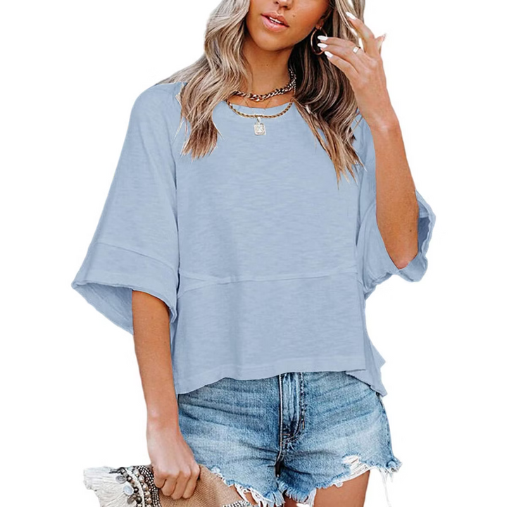 Soft 3/4 Sleeve Crew Neck Tunic Top – Warm Coral Relaxed Fit Everyday Tee