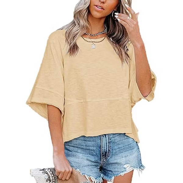 Soft 3/4 Sleeve Crew Neck Tunic Top – Warm Coral Relaxed Fit Everyday Tee