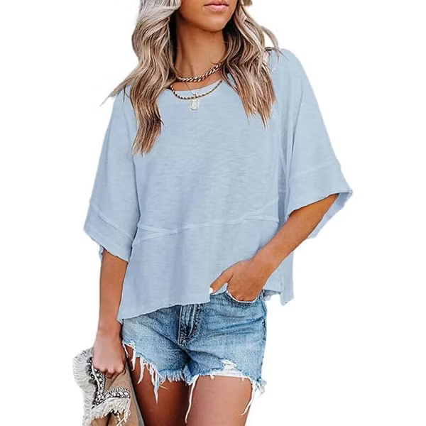 Soft 3/4 Sleeve Crew Neck Tunic Top – Warm Coral Relaxed Fit Everyday Tee