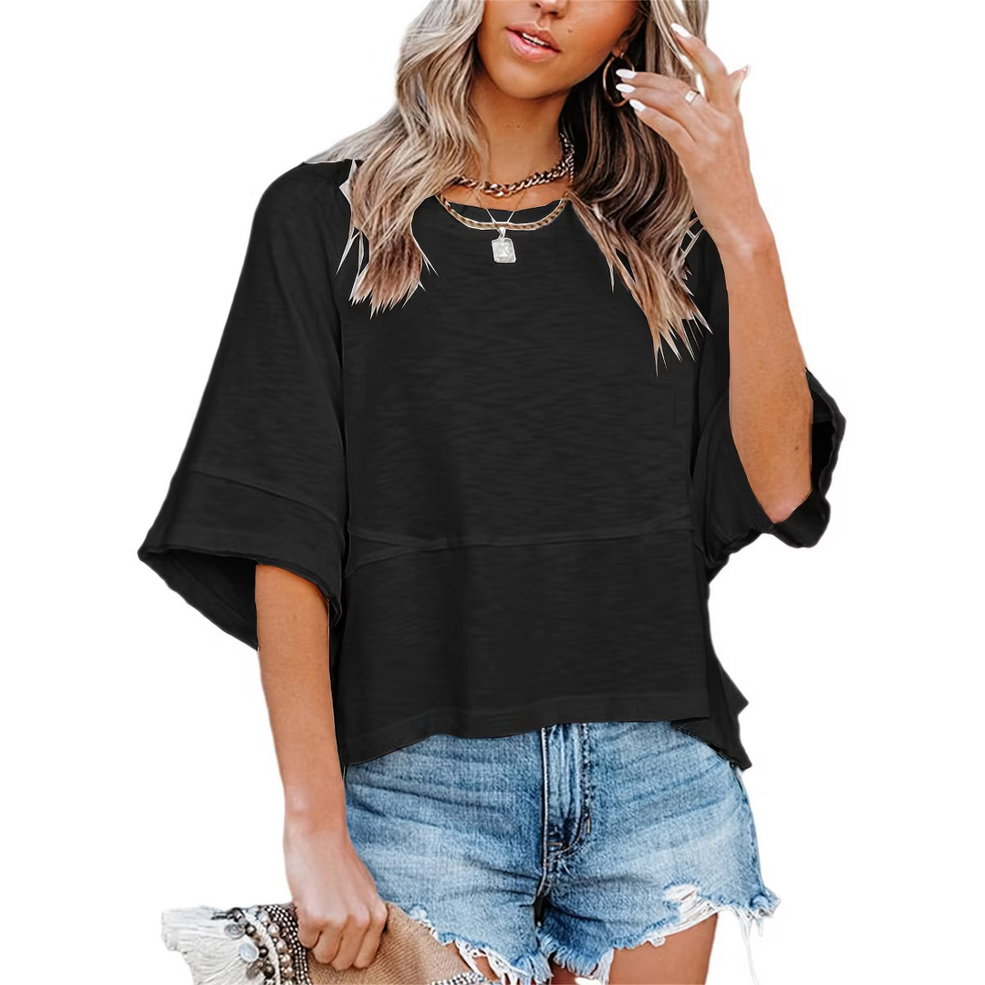Soft 3/4 Sleeve Crew Neck Tunic Top – Warm Coral Relaxed Fit Everyday Tee