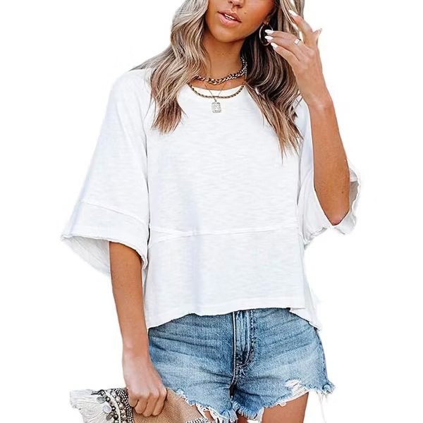 Soft 3/4 Sleeve Crew Neck Tunic Top – Warm Coral Relaxed Fit Everyday Tee