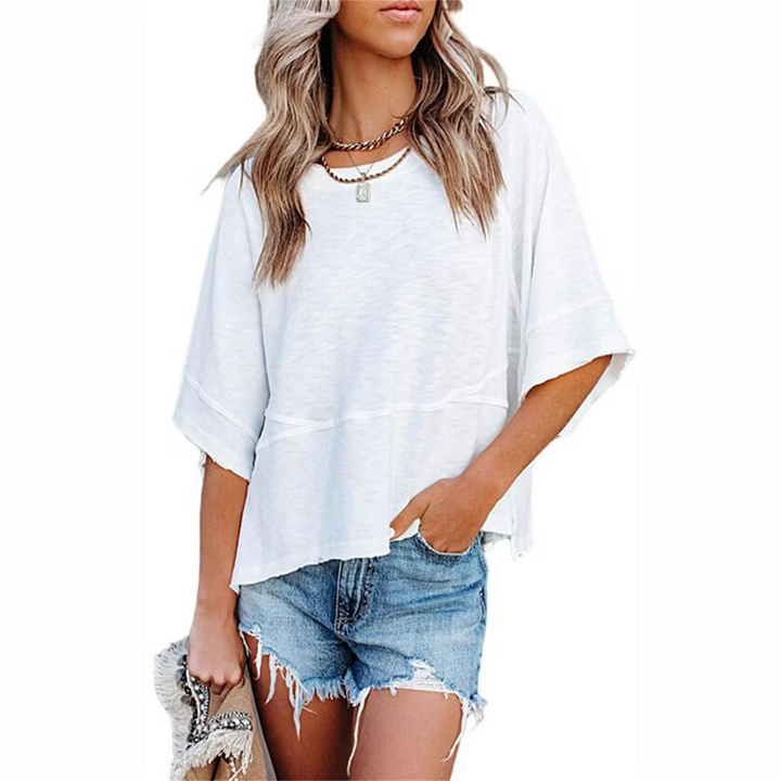 Soft 3/4 Sleeve Crew Neck Tunic Top – Warm Coral Relaxed Fit Everyday Tee