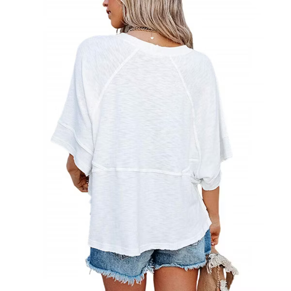 Soft 3/4 Sleeve Crew Neck Tunic Top – Warm Coral Relaxed Fit Everyday Tee