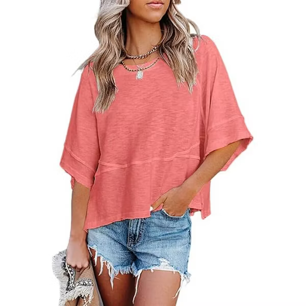 Soft 3/4 Sleeve Crew Neck Tunic Top – Warm Coral Relaxed Fit Everyday Tee