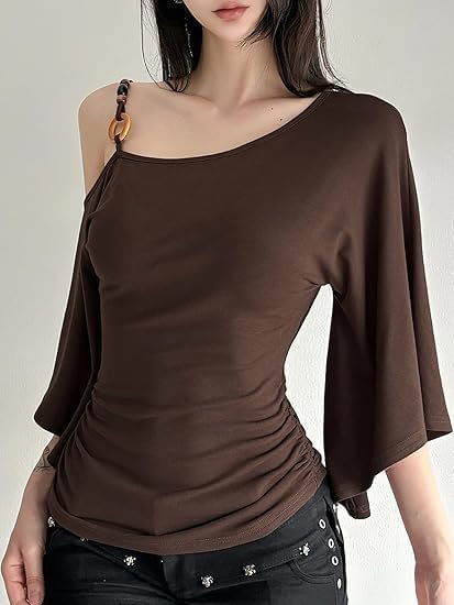 One-Shoulder Flutter Sleeve Ruched Top | Chic Asymmetrical Curve-Flattering Blouse