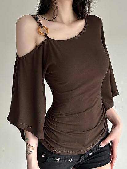 One-Shoulder Flutter Sleeve Ruched Top | Chic Asymmetrical Curve-Flattering Blouse