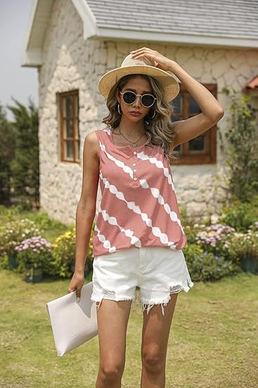Tie-Dye Striped Sleeveless Henley Tunic Top | Casual Summer Boho Blouse for Women