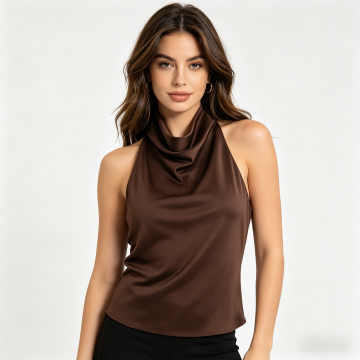 Chocolate Brown Cowl Neck Satin Halter Top, Elegant Sleeveless Blouse for Women