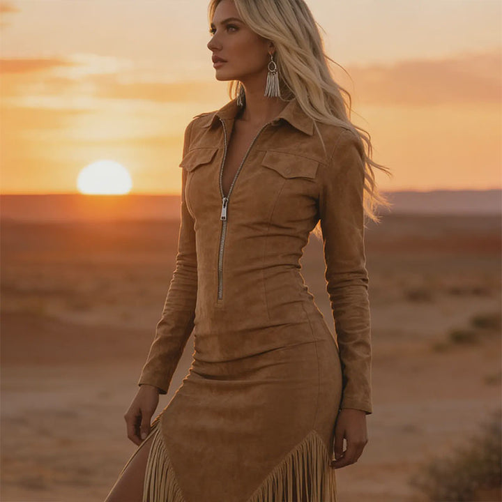 Retro tassel-trimmed long-sleeved dress