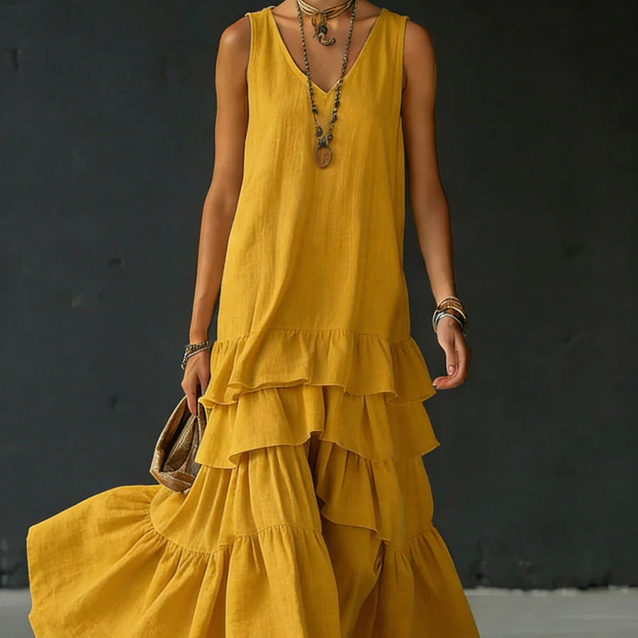 Solid color sleeveless full skirt dress