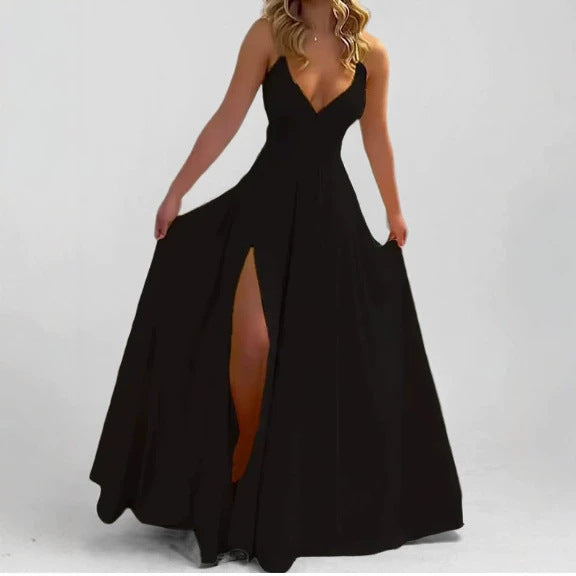 Solid color cross-back open-slit halter dress