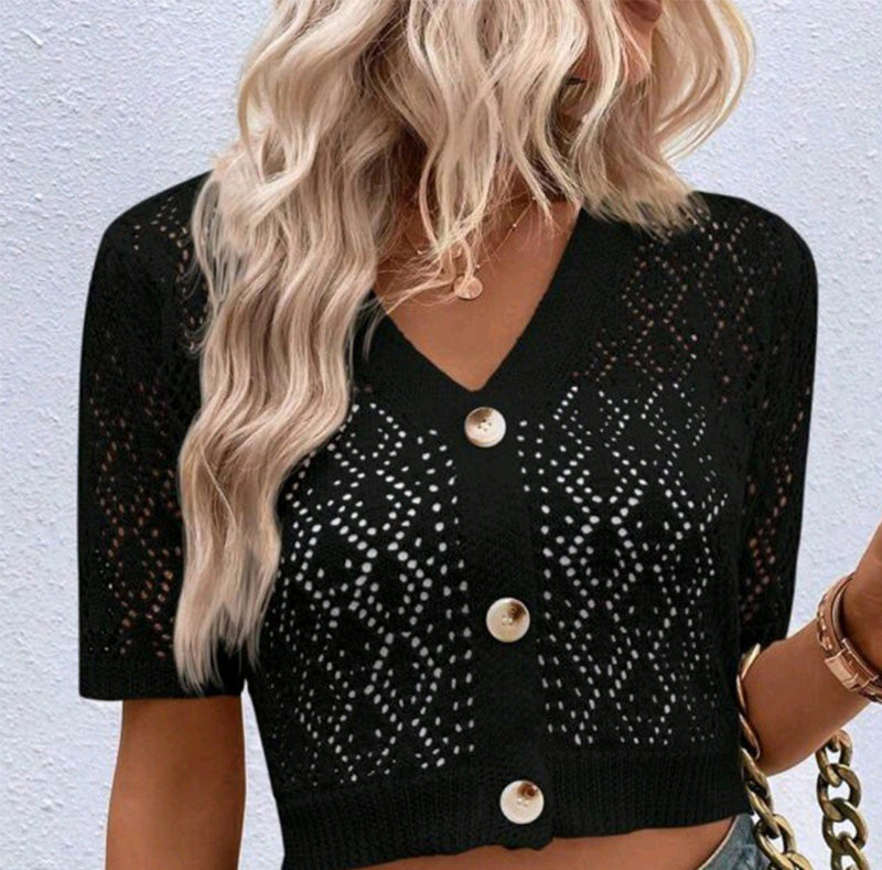 Short Sleeve Openwork Knit Cardigan
