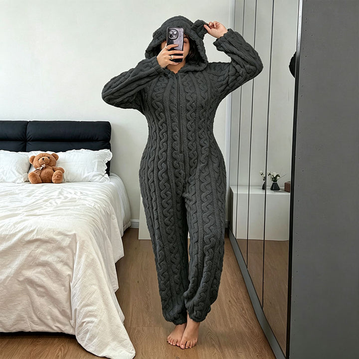 Bear Pattern Plush Hooded Onesie Pajamas