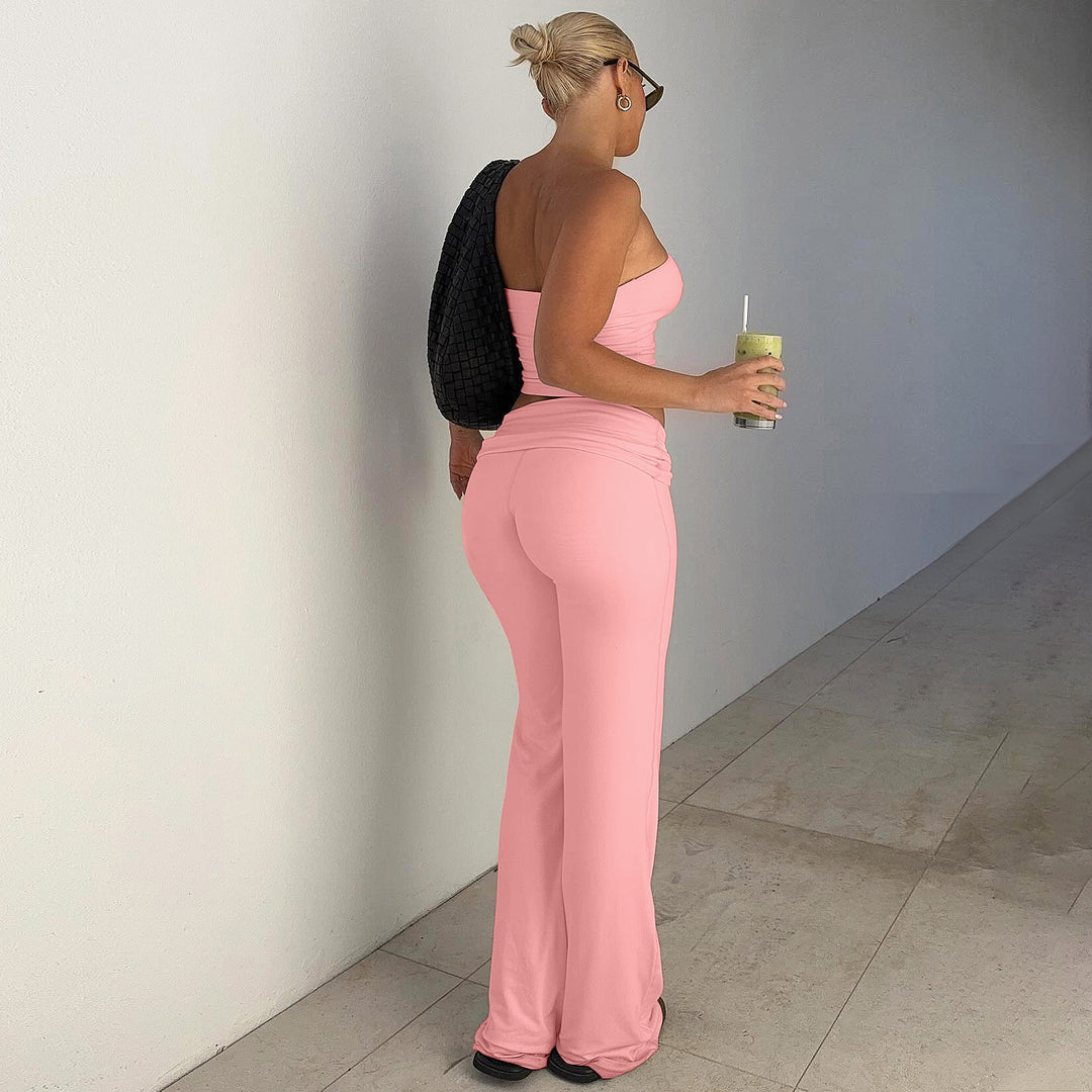 Strapless tube top and high-waisted slight-flare trousers set
