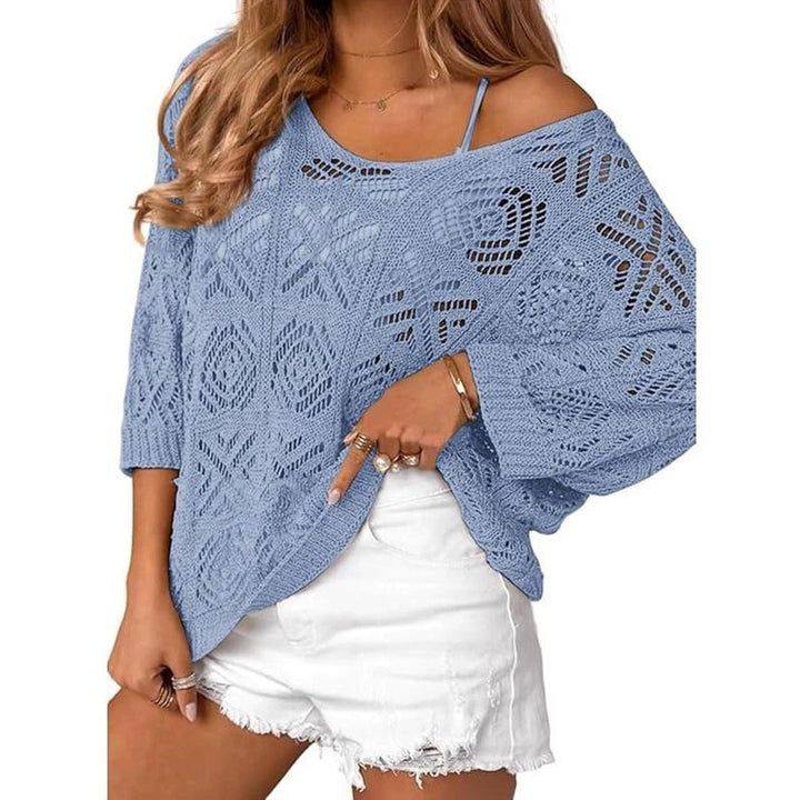 Openwork three-quarter sleeve knitted cover-up