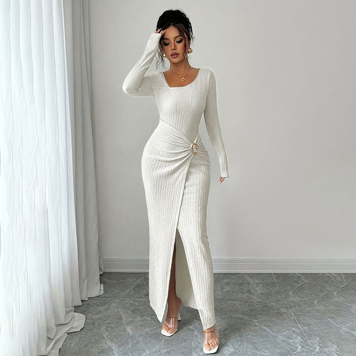 Asymmetrical neckline fitted slit dress