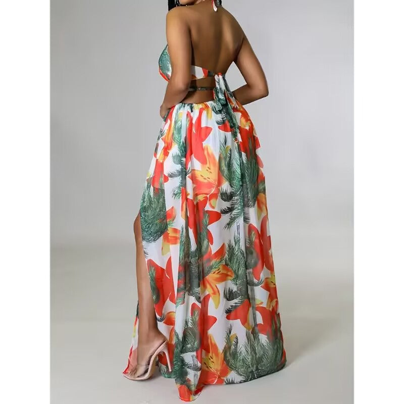 Open-back printed camisole dress with side slit