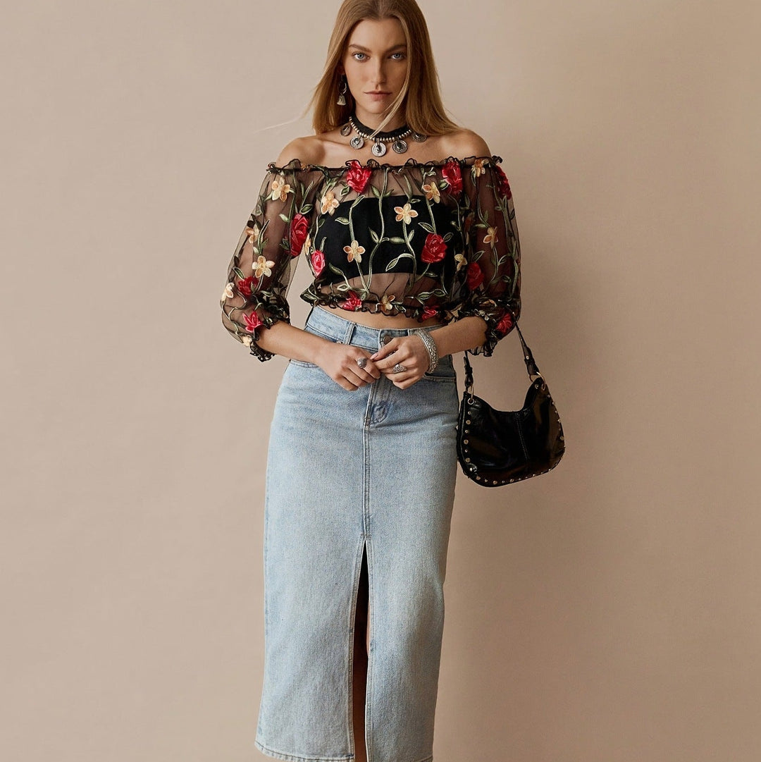Floral Embroidered Off Shoulder Mesh Crop Top