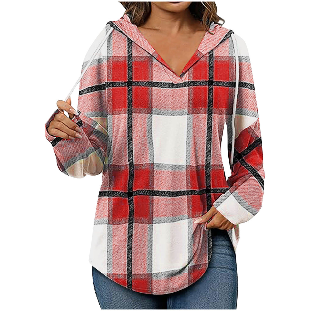 Plaid hooded V-neck casual top