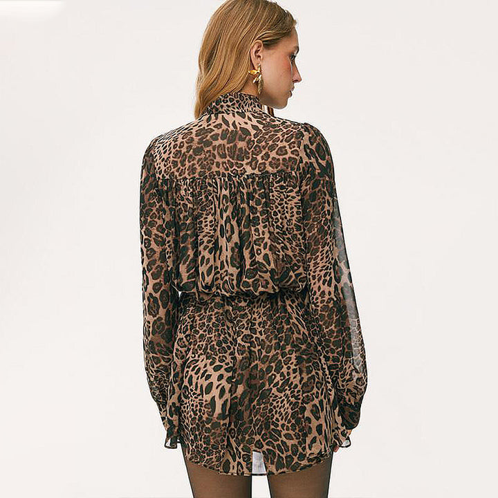 Leopard print fitted waist long sleeve dress