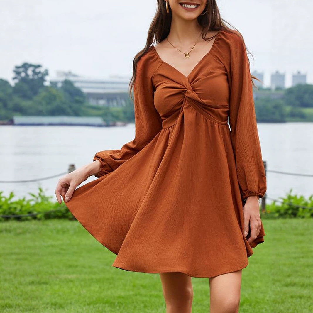 Twist Front V Neck Lantern Sleeve Dress