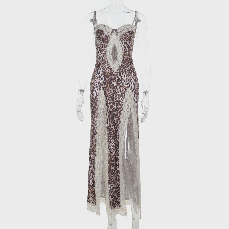 Leopard print lace-trimmed slit dress