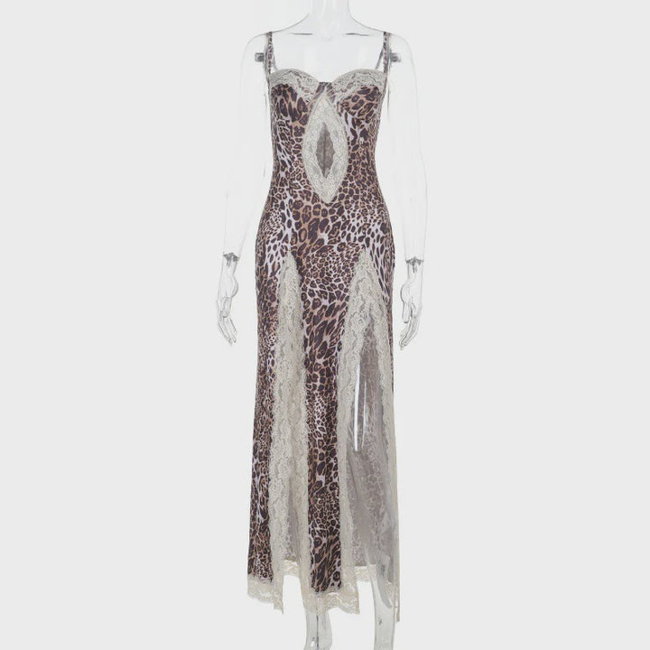 Leopard print lace-trimmed slit dress