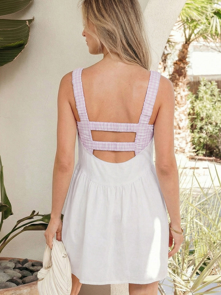 Summer Hollow Back Sleeveless Plaid Splicing Short Dress