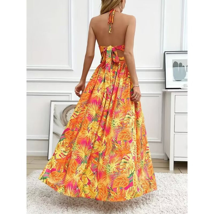 Open-back printed camisole dress with side slit