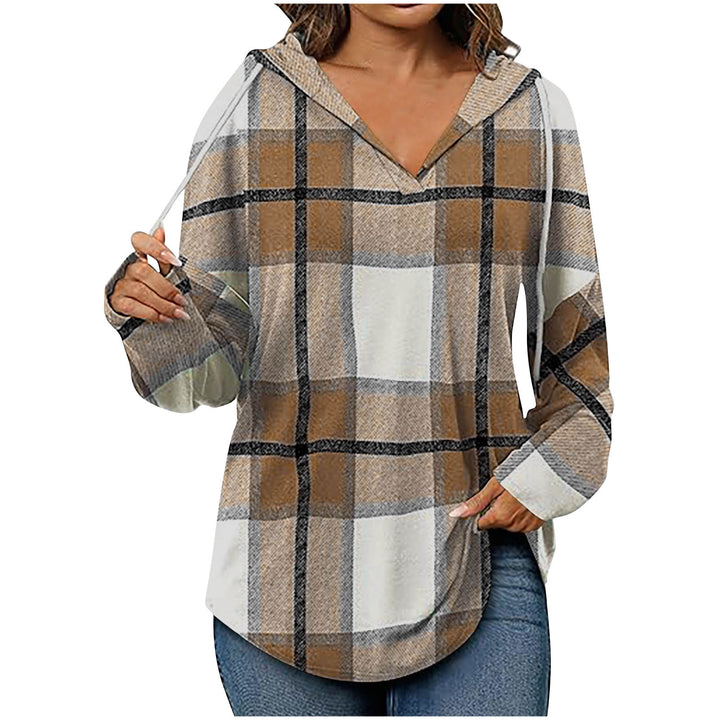 Plaid hooded V-neck casual top