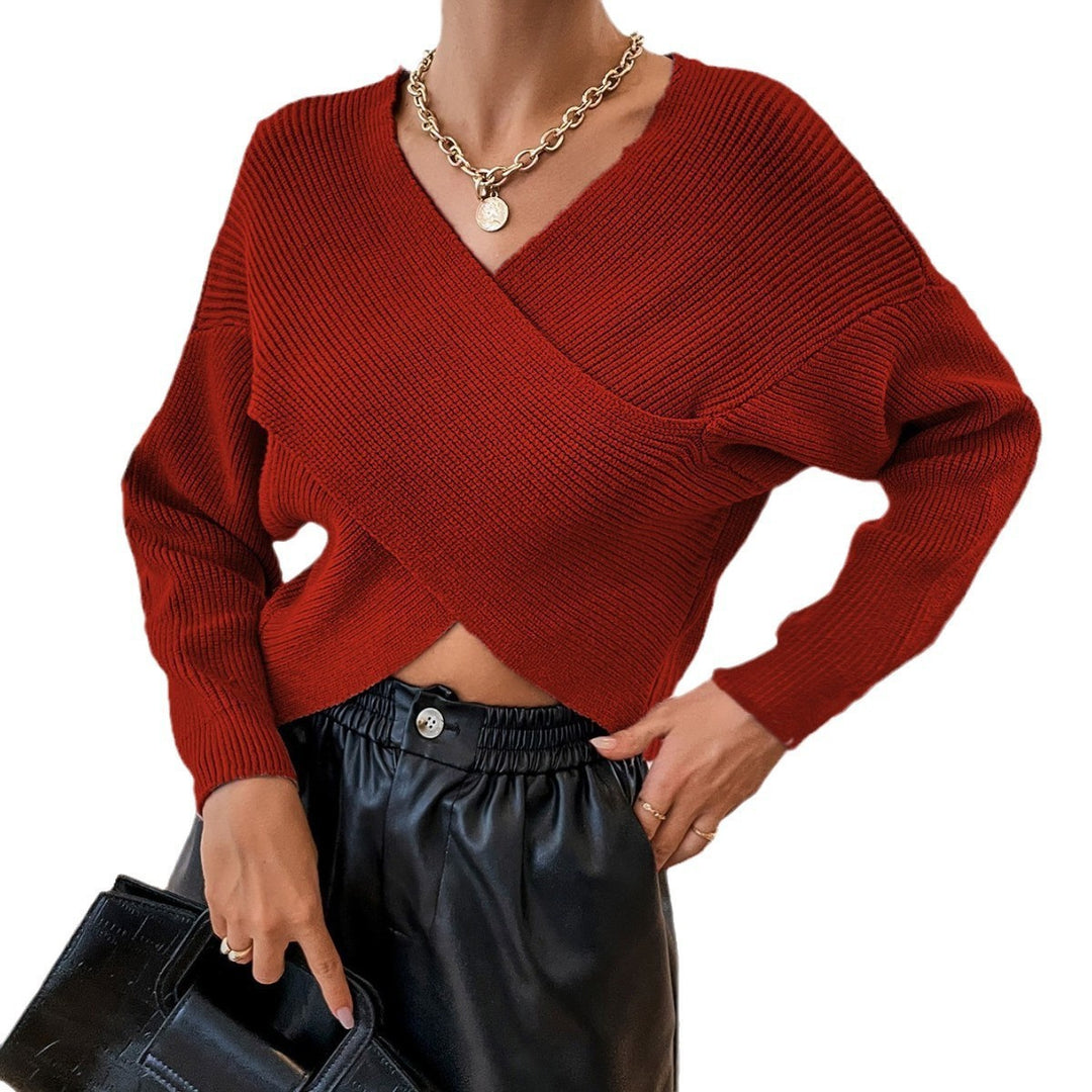 Patchwork V-neck loose long-sleeved knit sweater