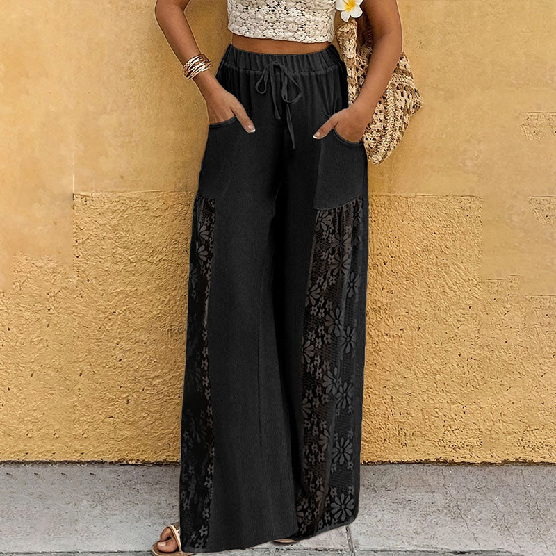Floral lace patchwork elastic waist wide-leg pants