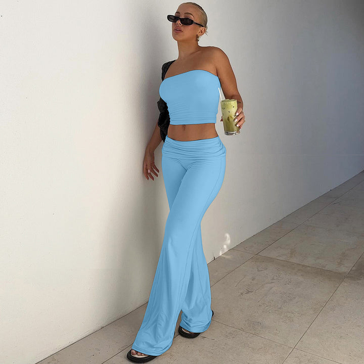 Strapless tube top and high-waisted slight-flare trousers set