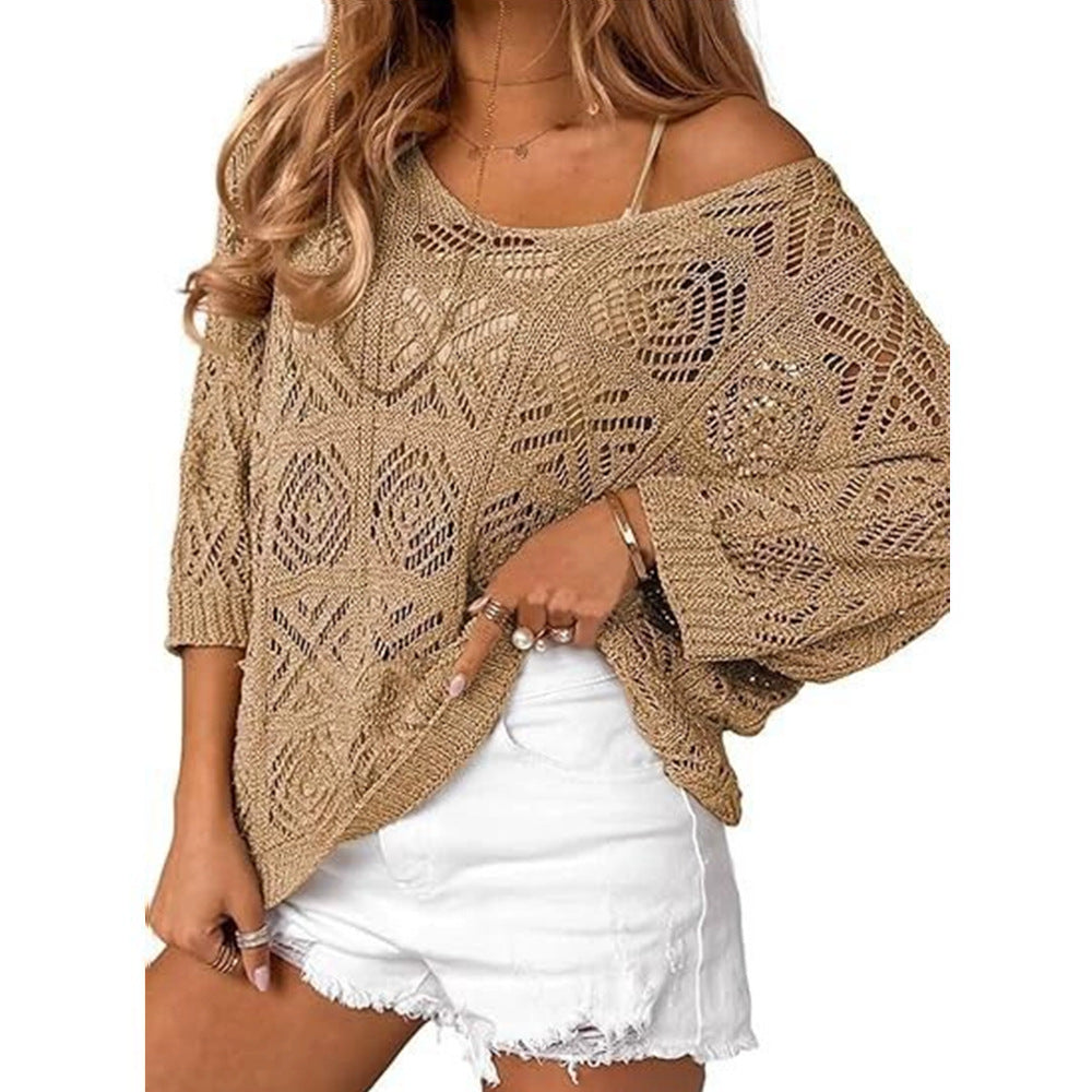 Openwork three-quarter sleeve knitted cover-up