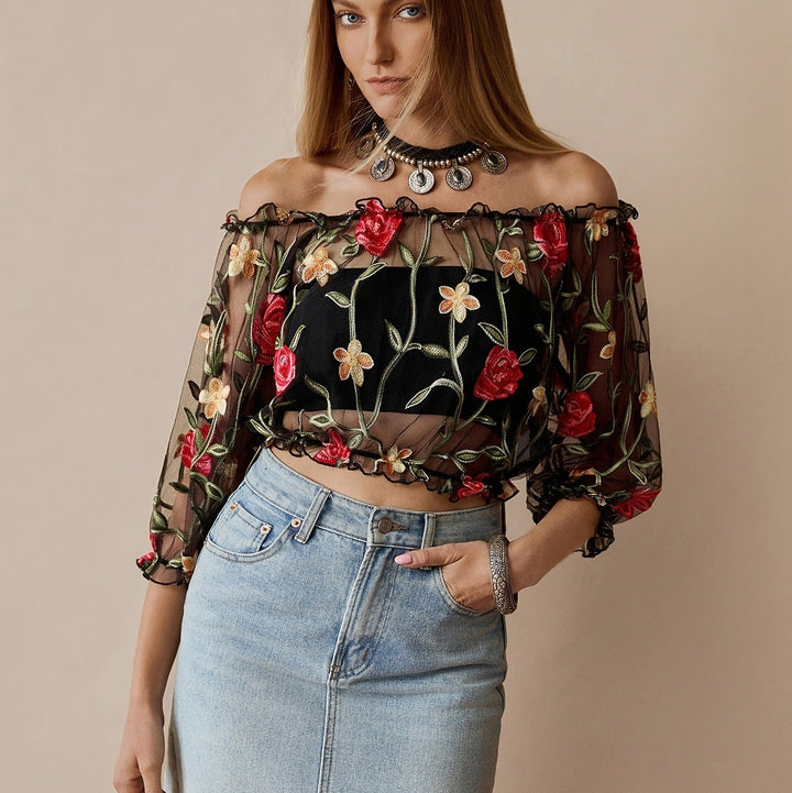 Floral Embroidered Off Shoulder Mesh Crop Top