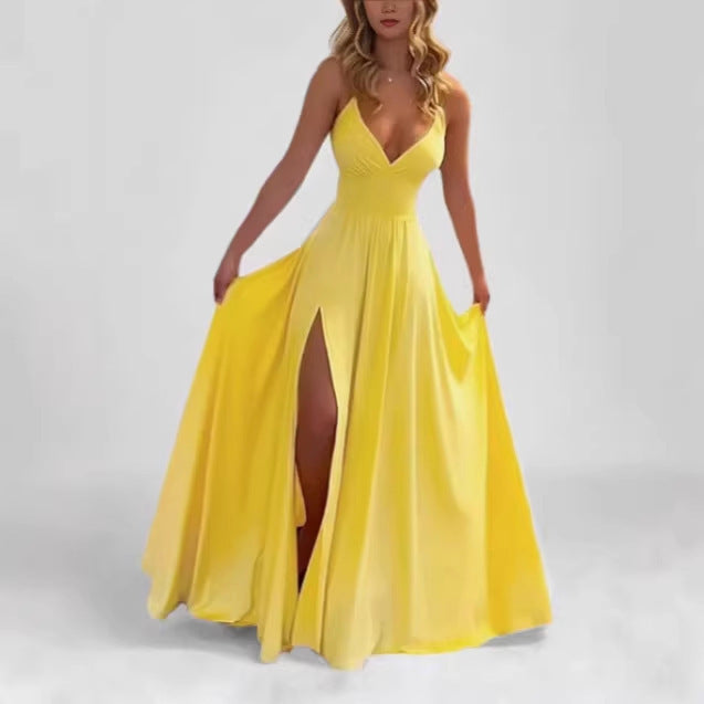 Solid color cross-back open-slit halter dress