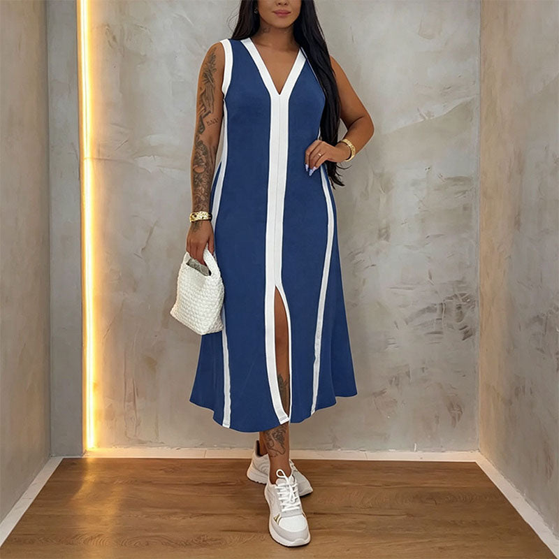 V-neck striped sleeveless slit dress