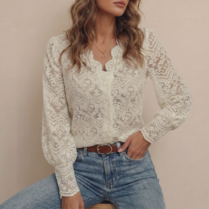 Scalloped V-neck lace top