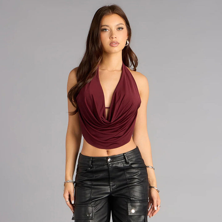 Fitted halter top with a cowl neck