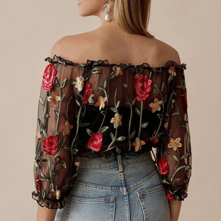 Floral Embroidered Off Shoulder Mesh Crop Top
