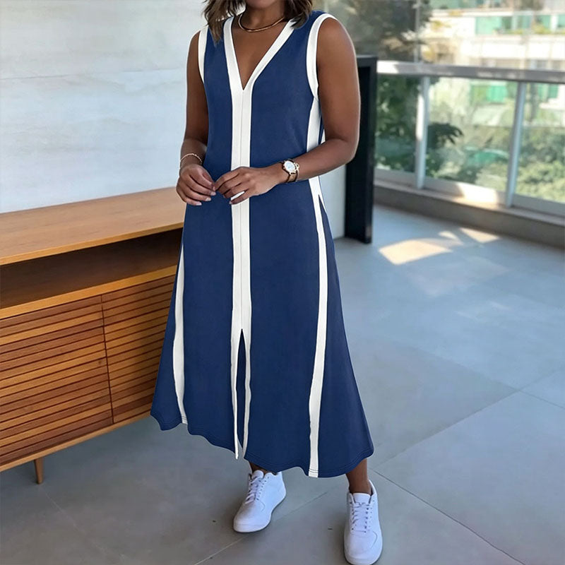 V-neck striped sleeveless slit dress