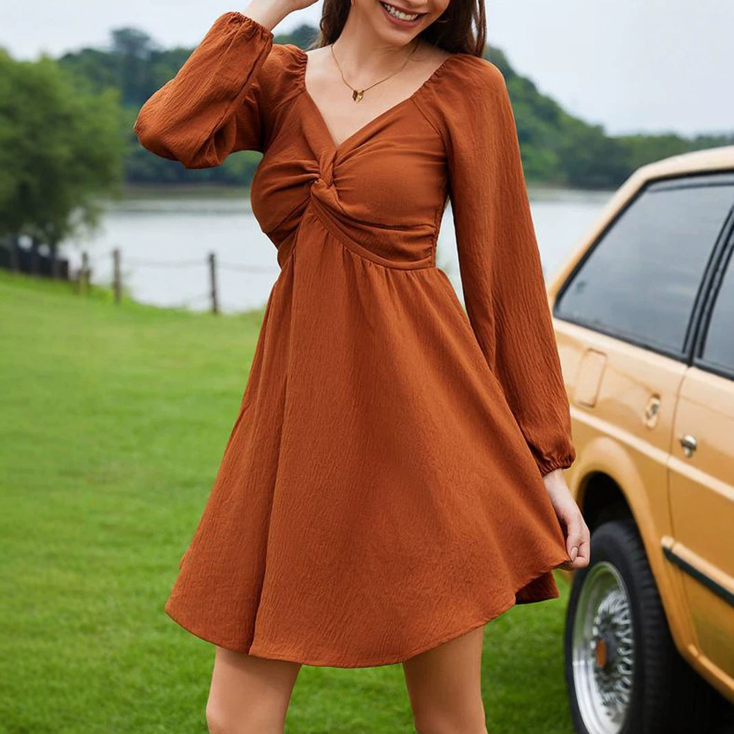 Twist Front V Neck Lantern Sleeve Dress