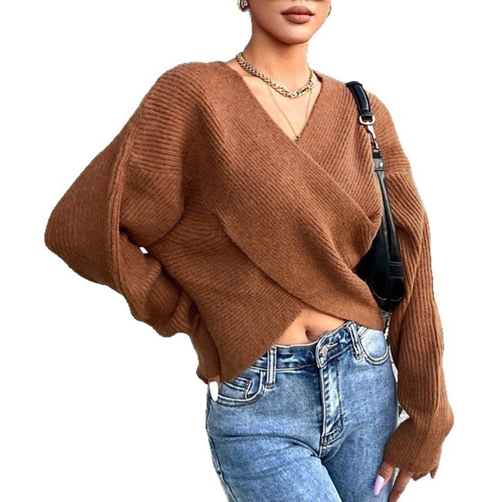 Patchwork V-neck loose long-sleeved knit sweater