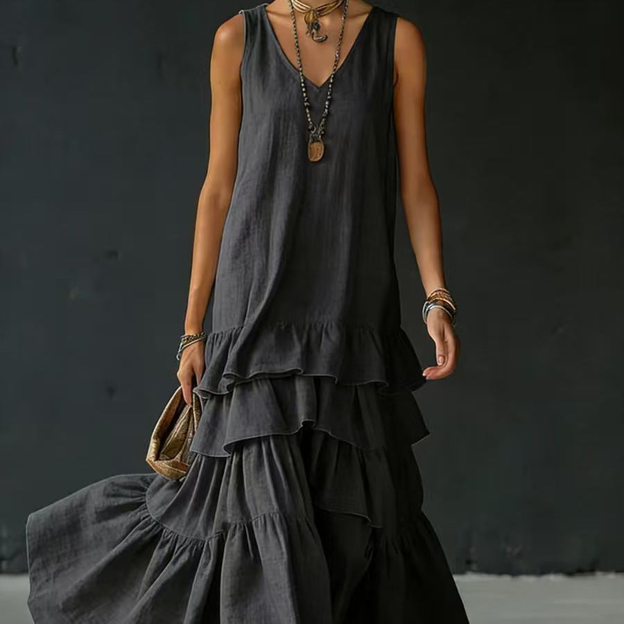 Solid color sleeveless full skirt dress