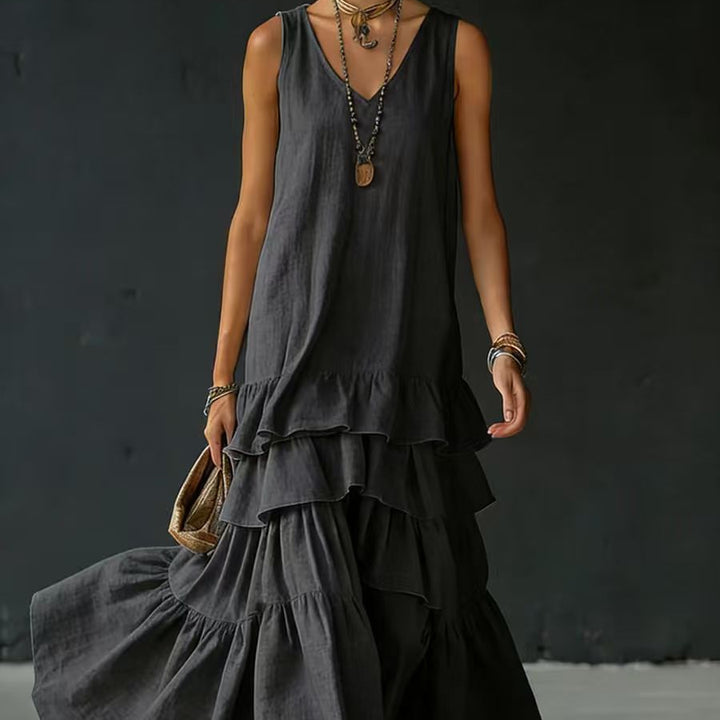 Solid color sleeveless full skirt dress