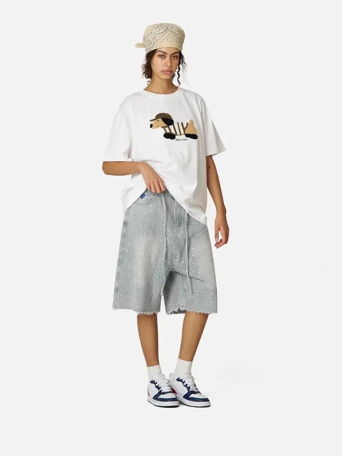 Rhinestone Denim Jorts, Oversized Baggy Bermuda Shorts with Raw Hem